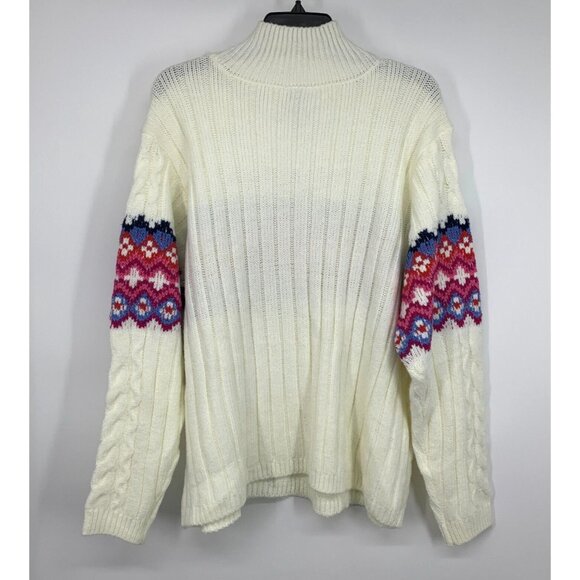 St. Johns Bay Sweater White Fair Isle Mock Turtleneck Cable Knit - Picture 5 of 7